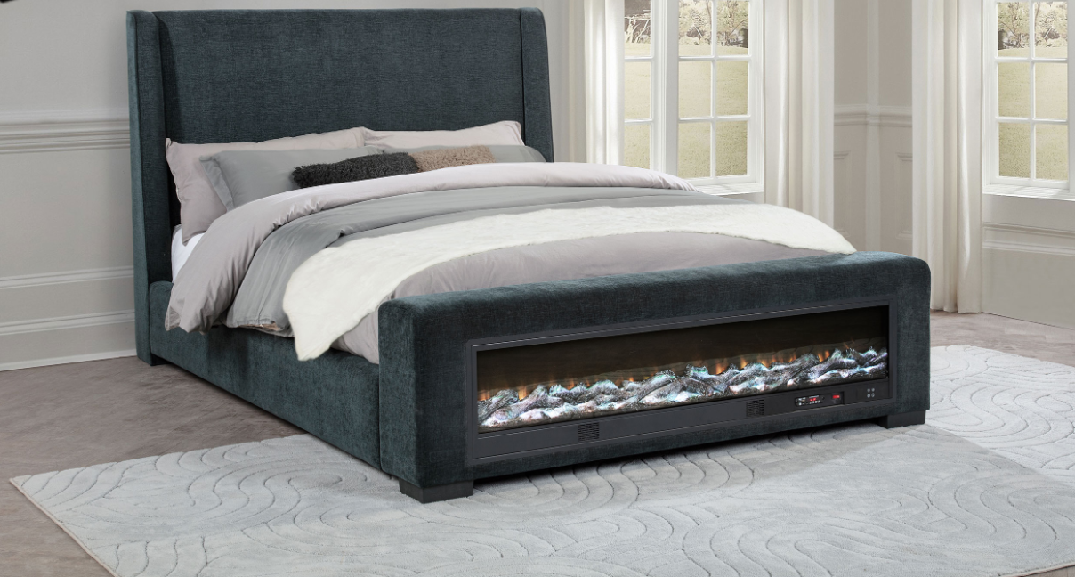 Preston Upholstered Eastern King Audio Flame Visualizer Bed Dark Blue