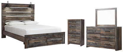 Drystan Queen Panel Bed with 2 Storage Drawers with Mirrored Dresser and Chest