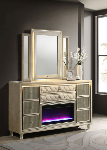 Lorient 8-drawer LED Flame Box Dresser and Mirror Ivory Camel