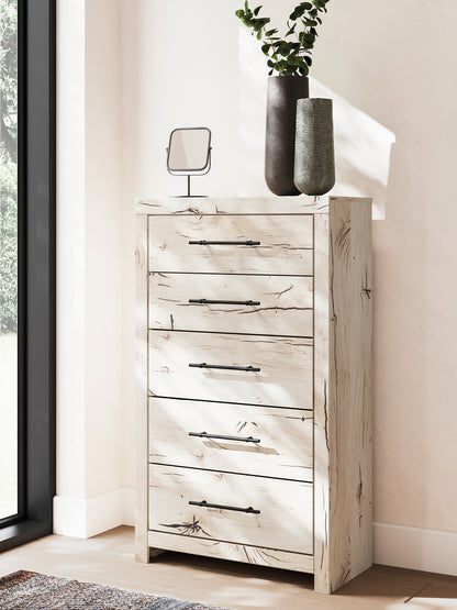 King Panel Storage Bed with Mirrored Dresser and Chest