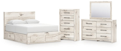 Queen Panel Storage Bed with Mirrored Dresser and Chest