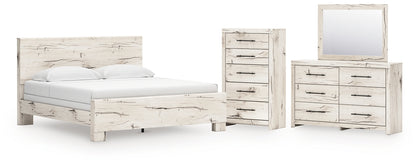King Panel Bed with Mirrored Dresser and Chest