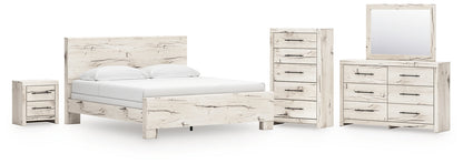 King Panel Bed with Mirrored Dresser, Chest and Nightstand
