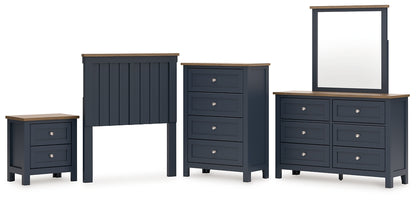 Landocken Twin Panel Headboard with Mirrored Dresser, Chest and Nightstand