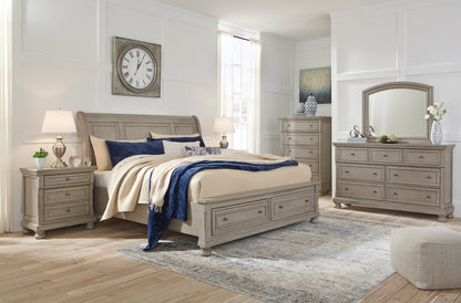 Lettner Queen Sleigh Bed with 2 Storage Drawers with Mirrored Dresser