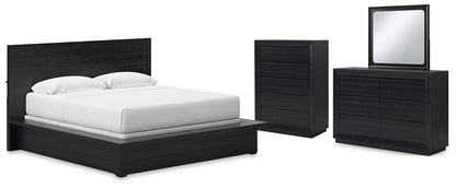 Londer California King Panel Bed with Mirrored Dresser and Chest