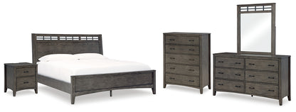 Montillan California King Panel Bed with Mirrored Dresser, Chest and Nightstand