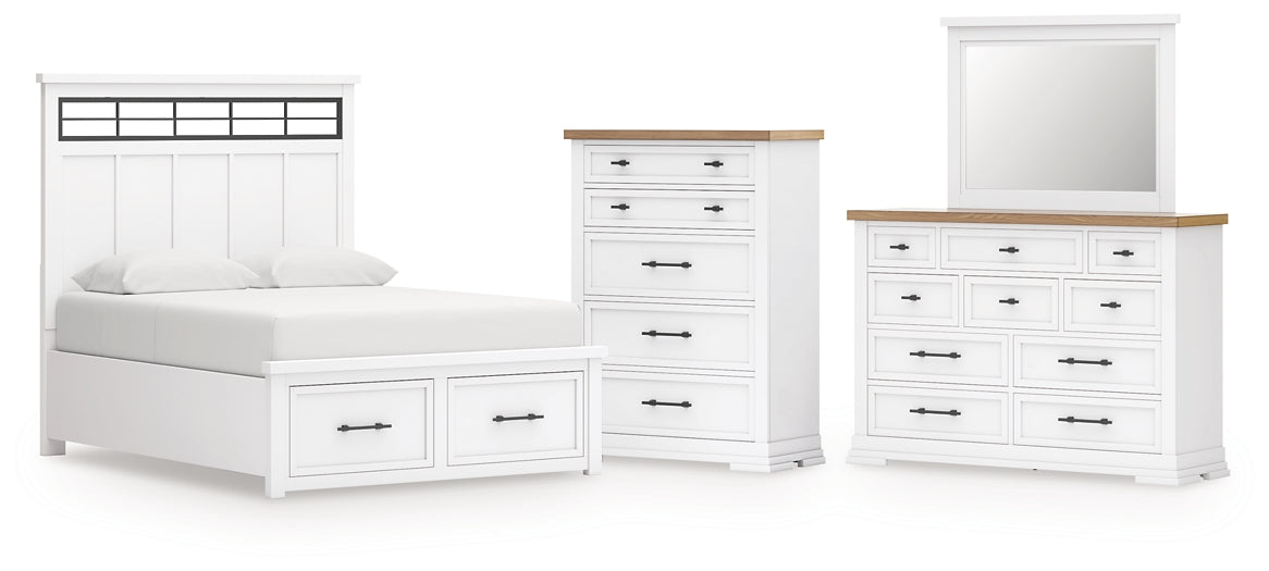 Ashbryn King Panel Storage Bed with Mirrored Dresser and Chest