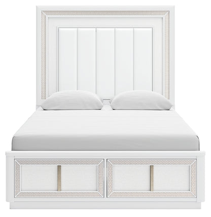 Chalanna Queen Upholstered Storage Bed with Mirrored Dresser and Chest