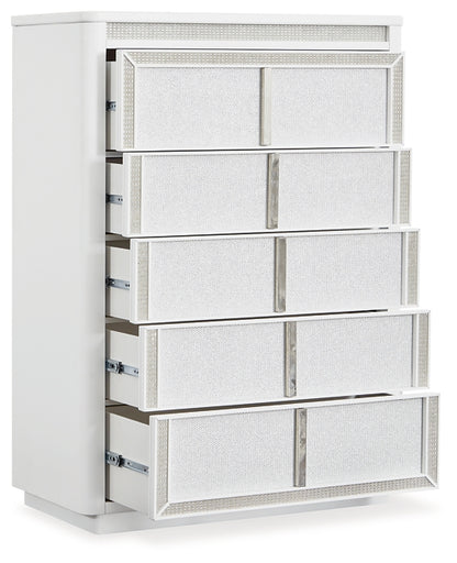 Chalanna Queen Upholstered Storage Bed with Mirrored Dresser and Chest