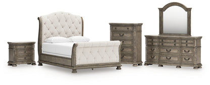 Ardenfield Queen Upholstered Sleigh Bed with Mirrored Dresser, Chest and Nightstand