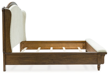 Sturlayne Queen Upholstered Panel Bed with Mirrored Dresser and Chest