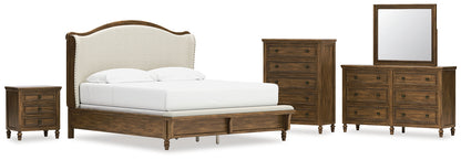 Sturlayne King Upholstered Panel Bed with Mirrored Dresser, Chest and Nightstand