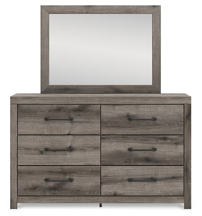 Graystorm King Panel Bed with Mirrored Dresser and Nightstand