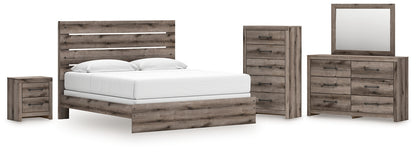 Graystorm King Panel Bed with Mirrored Dresser, Chest and Nightstand