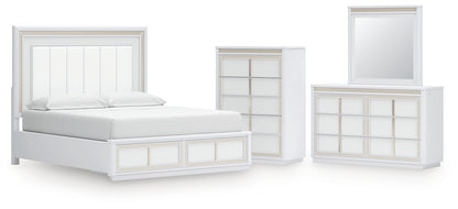 Chalanna California King Upholstered Storage Bed with Mirrored Dresser and Chest