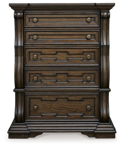 Maylee King Canopy Bed with Mirrored Dresser and Chest