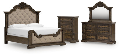 Maylee California King Upholstered Bed with Mirrored Dresser and Chest
