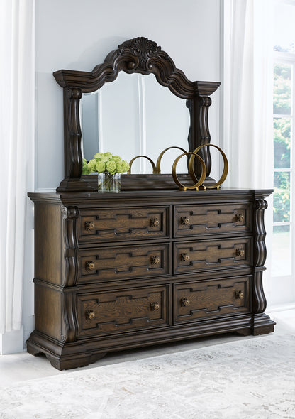 Maylee King Upholstered Bed with Mirrored Dresser and Chest