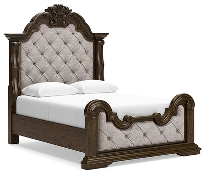 Maylee Queen Upholstered Bed with Mirrored Dresser, Chest and Nightstand