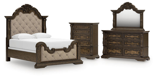 Maylee Queen Upholstered Bed with Mirrored Dresser and Chest
