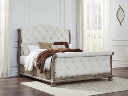Ardenfield California King Upholstered Sleigh Bed with Mirrored Dresser and Nightstand
