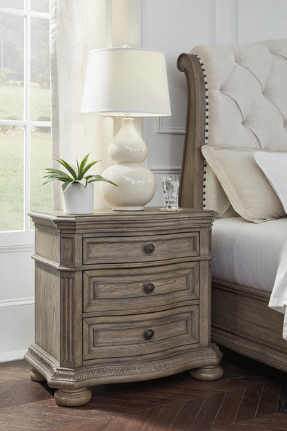 Ardenfield King Upholstered Sleigh Bed with Mirrored Dresser and Nightstand