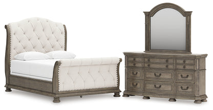 Ardenfield Queen Upholstered Sleigh Bed with Mirrored Dresser