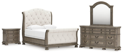 Ardenfield Queen Upholstered Sleigh Bed with Mirrored Dresser and Nightstand