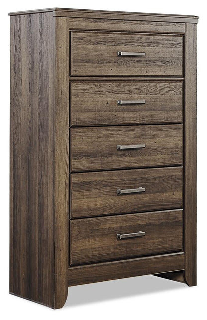 Juararo California King Poster Bed with Mirrored Dresser, Chest and Nightstand
