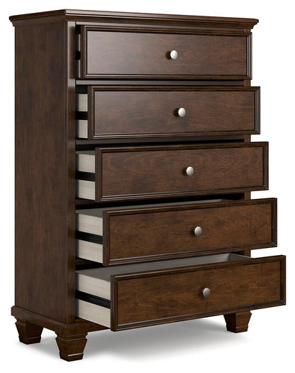 Danabrin California King Panel Bed with Mirrored Dresser, Chest and Nightstand