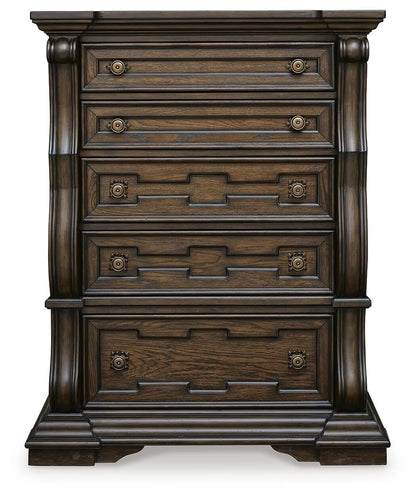 Maylee Queen Upholstered Bed, Dresser, Mirror, Chest and Nightstand