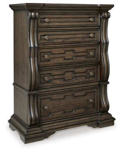 Maylee Queen Upholstered Bed, Dresser, Mirror, Chest and Nightstand