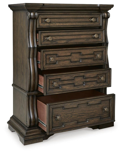 Maylee California King Upholstered Bed, Dresser, Mirror, Chest and Nightstand