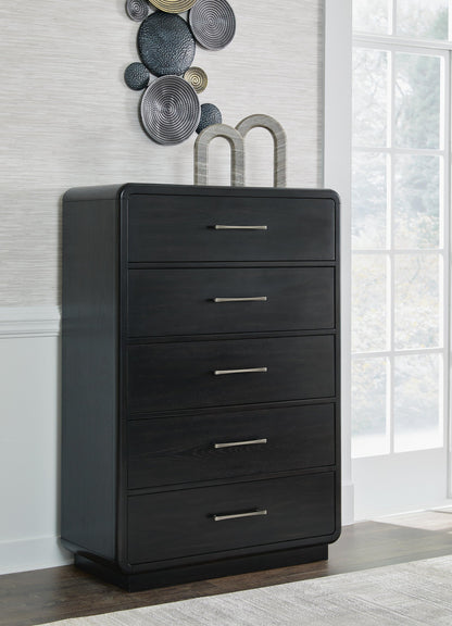 Rowanbeck California King Upholstered Panel Bed, Dresser, Mirror, Chest and Nightstand