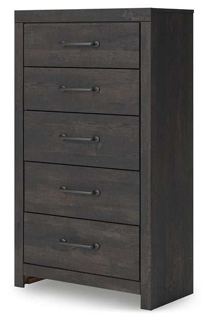 Hollivern King Panel Bed, Dresser, Mirror, Chest and Nightstand