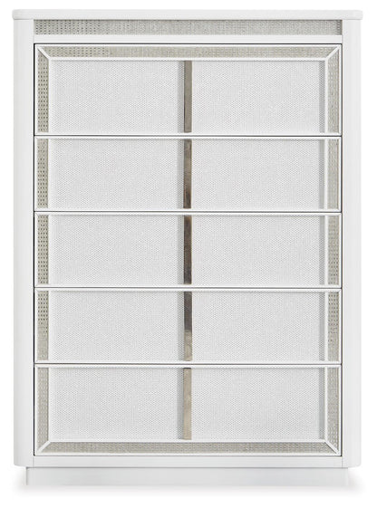 Chalanna California King Upholstered Storage Bed, Dresser, Mirror, Chest and Nightstand