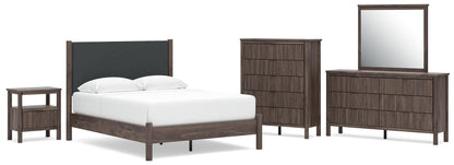 Pamytta Queen Upholstered Panel Platform Bed, Dresser, Mirror, Chest and Nightstand
