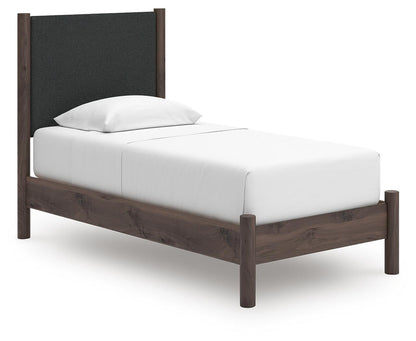 Pamytta Twin Upholstered Panel Platform Bed, Dresser, Mirror and Nightstand