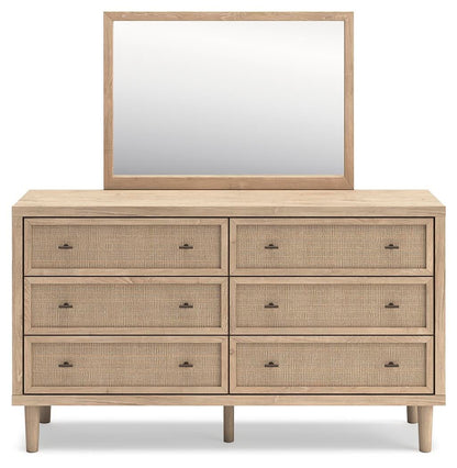 Cielden California King Upholstered Bed with Roll Slats, Dresser and Mirror