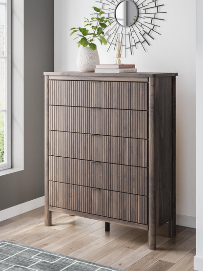 Pamytta Full Upholstered Panel Bed, Dresser, Mirror, Chest and Nightstand