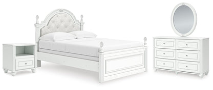 Kozlani Full Upholstered Panel Bed, Dresser, Mirror and Nightstand