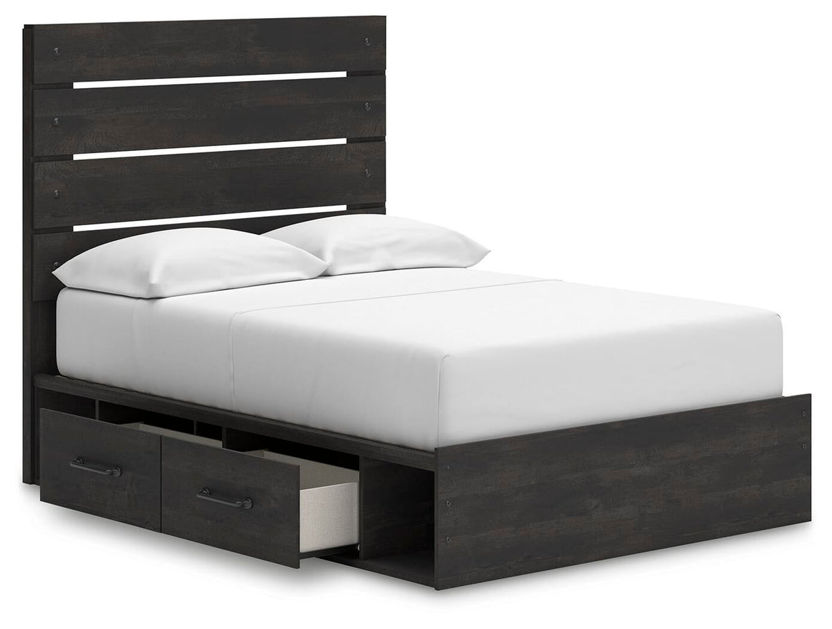 Delmorta Full Panel Bed with Storage, Dresser, Mirror and Nightstand