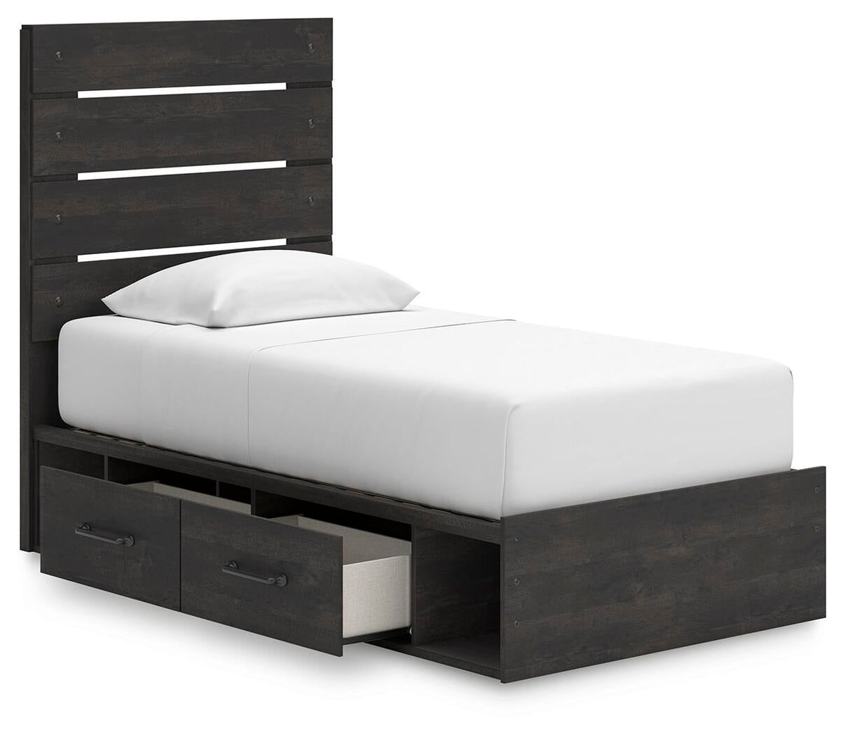 Delmorta Twin Panel Bed with Storage, Dresser and Mirror