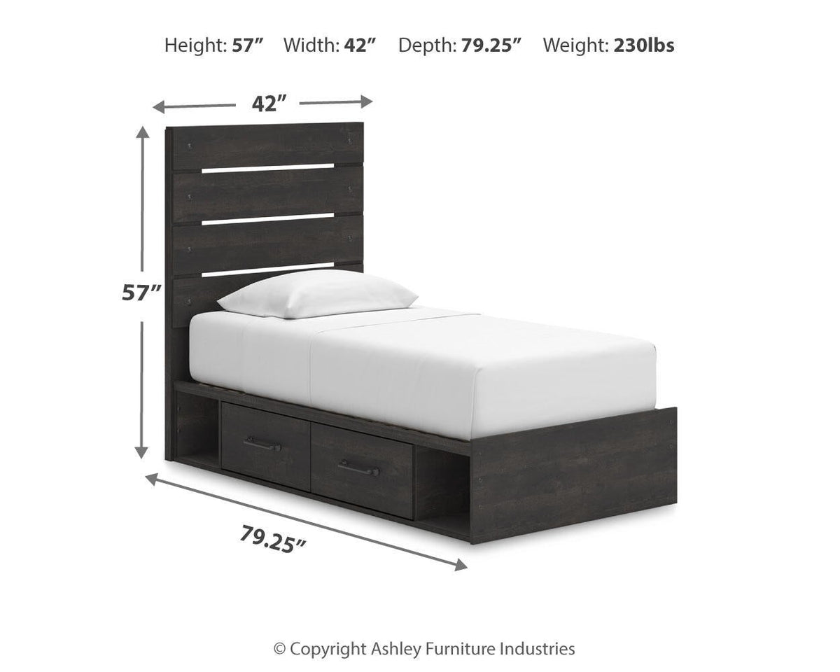 Delmorta Twin Panel Bed with Storage, Dresser and Mirror