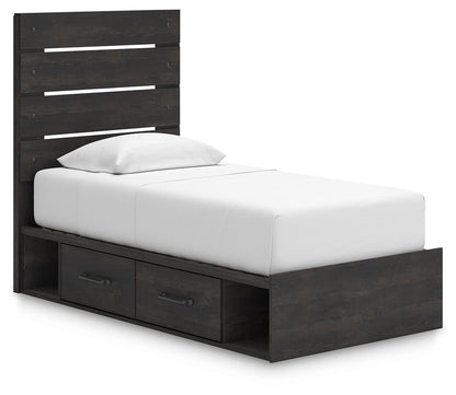 Delmorta Twin Panel Bed with Storage, Dresser, Mirror and Nightstand