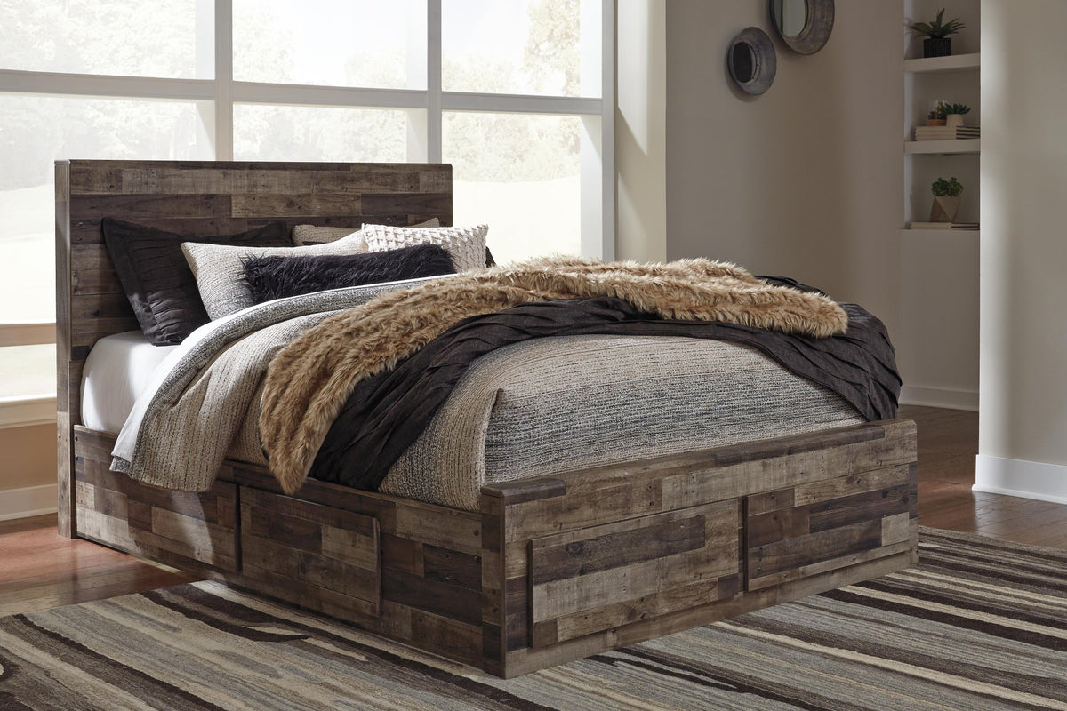 Derekson Queen Panel Bed with 6 Storage Drawers with Mirrored Dresser